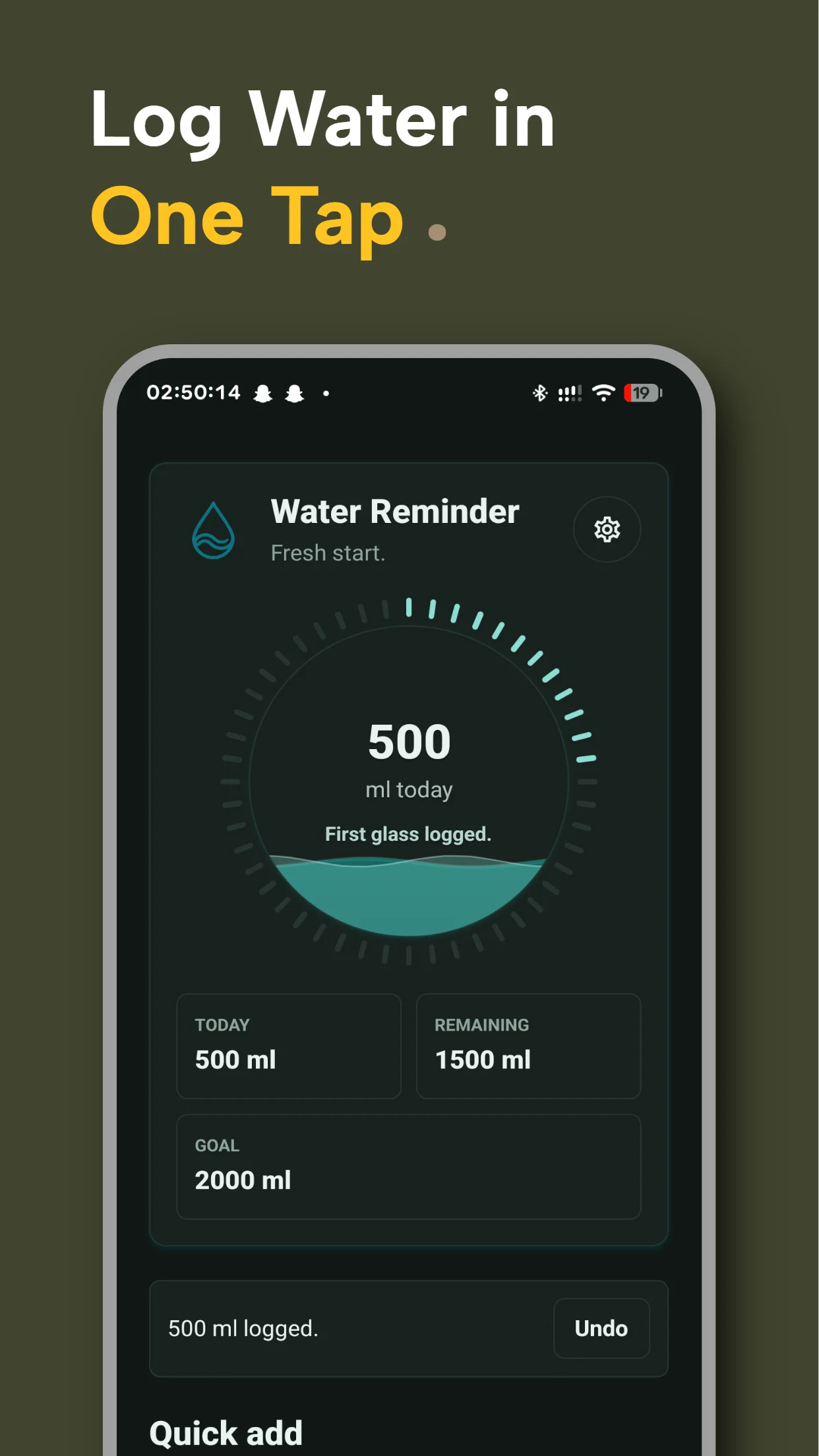 Water Reminder home screen showing 500 ml logged today, remaining water and a quick add area.