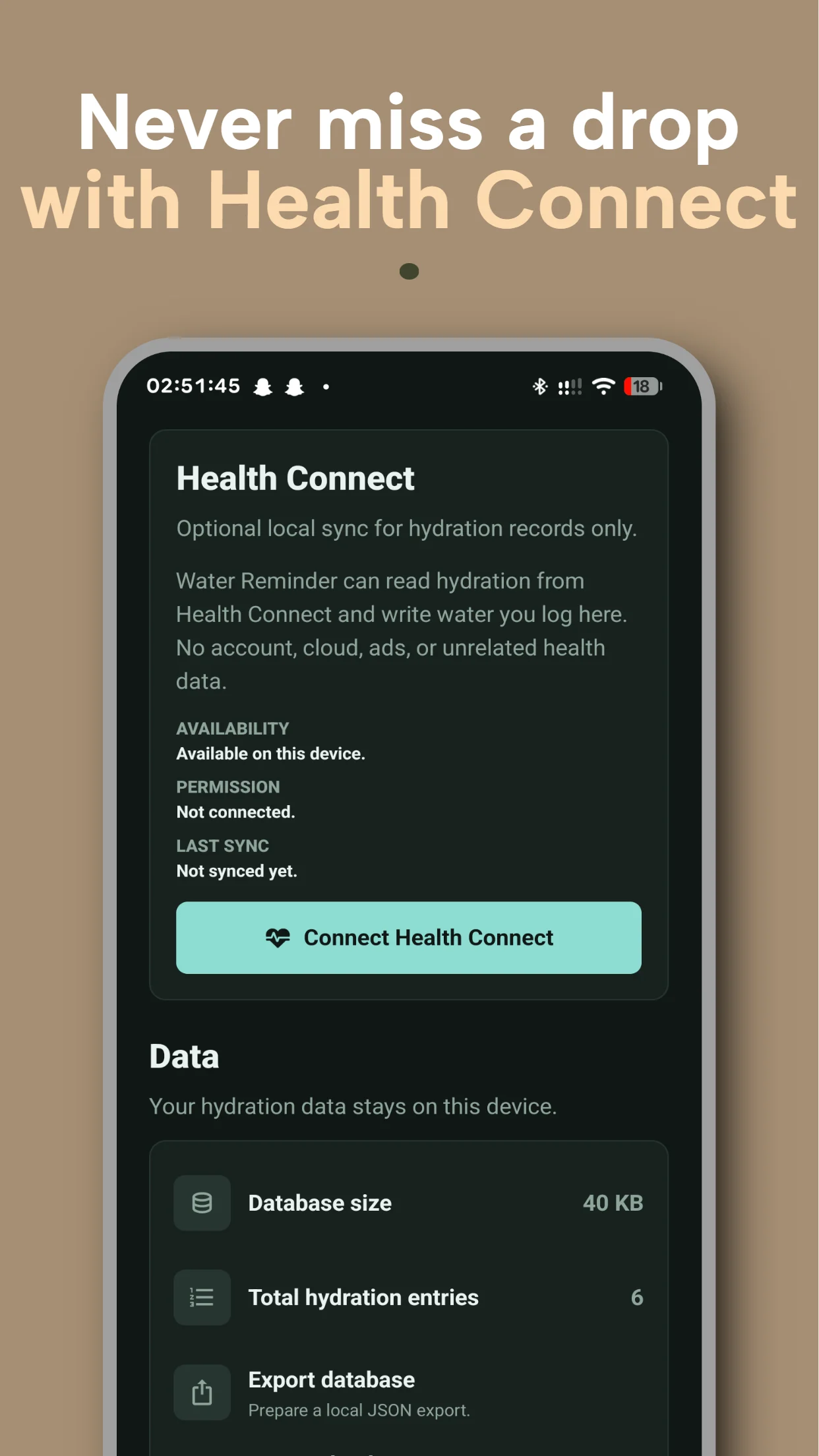 Health Connect screen showing optional local sync for hydration records only.